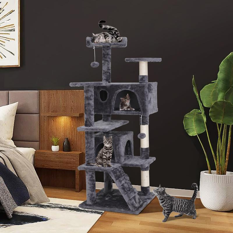 Árbol Rascador para Gatos de 140 cm con Casas, Plataformas Acolchadas, Juguetes Colgantes y Postes de Sisal