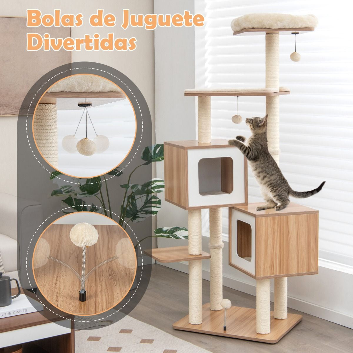 Árbol para Gatos de 2 Condominios con Cojines Lavables - Centro de Actividad Multicapa Natural 58 x 65.5 x 163 cm