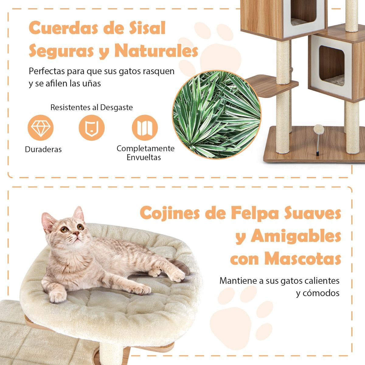 Árbol para Gatos de 2 Condominios con Cojines Lavables - Centro de Actividad Multicapa Natural 58 x 65.5 x 163 cm