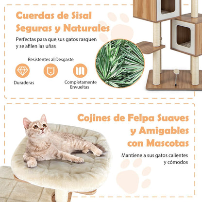 Árbol para Gatos de 2 Condominios con Cojines Lavables - Centro de Actividad Multicapa Natural 58 x 65.5 x 163 cm