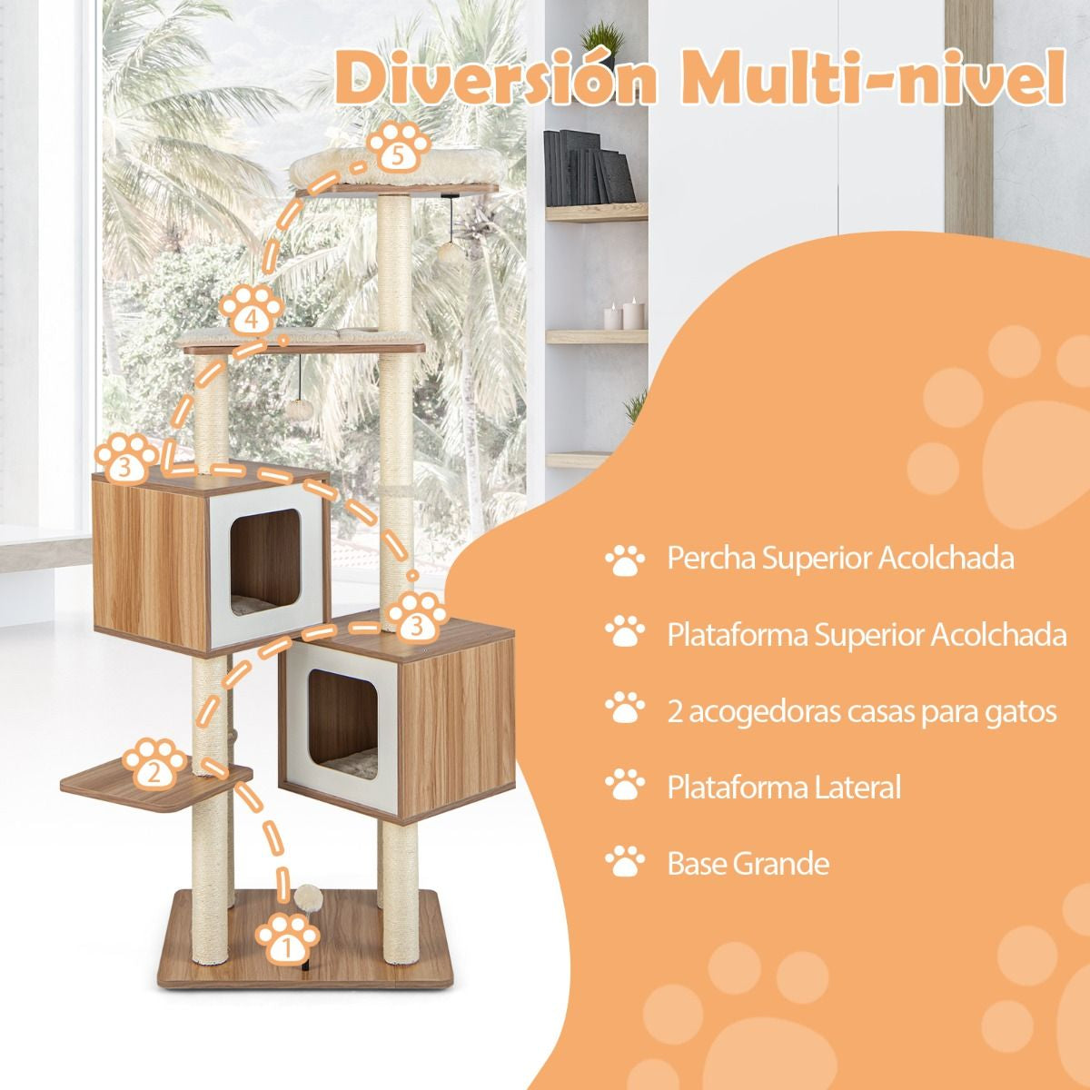 Árbol para Gatos de 2 Condominios con Cojines Lavables - Centro de Actividad Multicapa Natural 58 x 65.5 x 163 cm