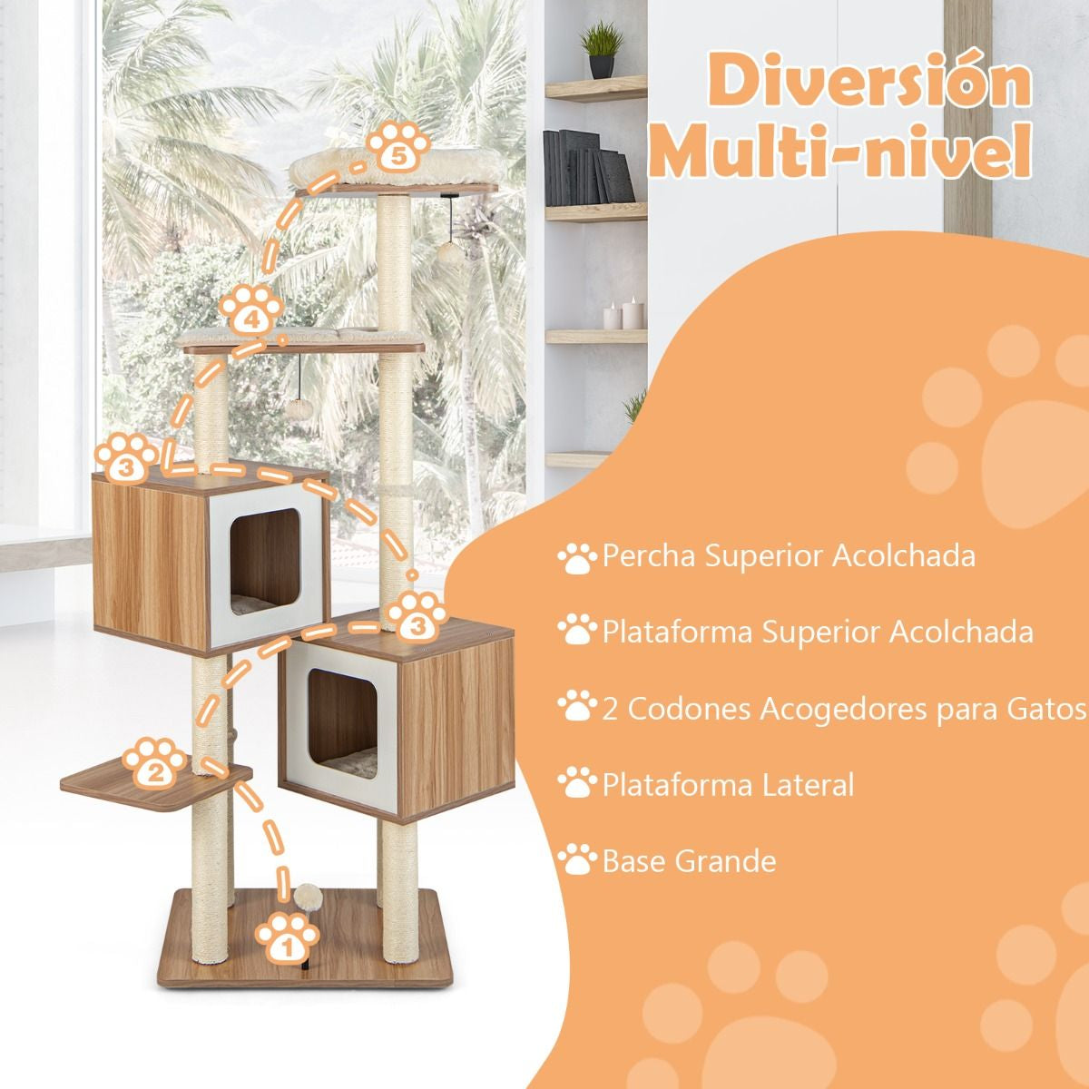 Árbol para Gatos de 2 Condominios con Cojines Lavables - Centro de Actividad Multicapa Natural 58 x 65.5 x 163 cm