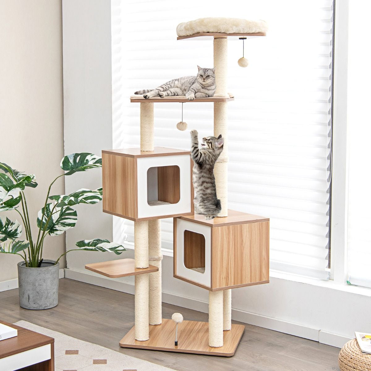 Árbol para Gatos de 2 Condominios con Cojines Lavables - Centro de Actividad Multicapa Natural 58 x 65.5 x 163 cm