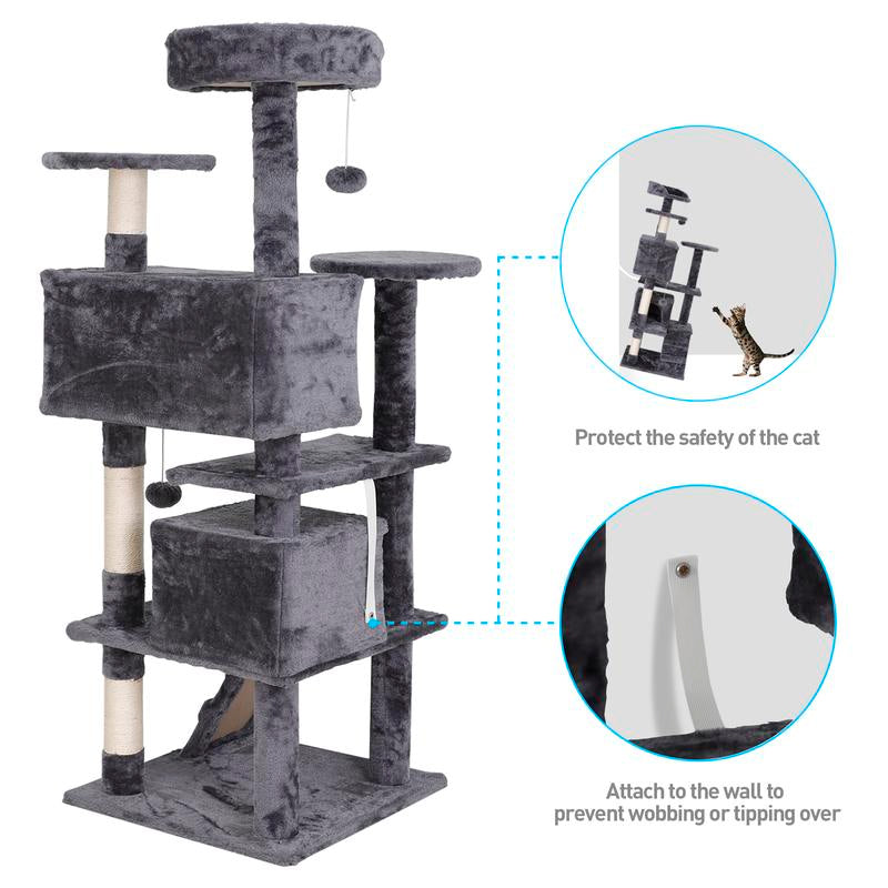 Árbol Rascador para Gatos de 140 cm con Casas, Plataformas Acolchadas, Juguetes Colgantes y Postes de Sisal