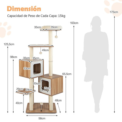 Árbol para Gatos de 2 Condominios con Cojines Lavables - Centro de Actividad Multicapa Natural 58 x 65.5 x 163 cm