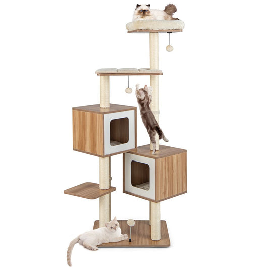 Árbol para Gatos de 2 Condominios con Cojines Lavables - Centro de Actividad Multicapa Natural 58 x 65.5 x 163 cm