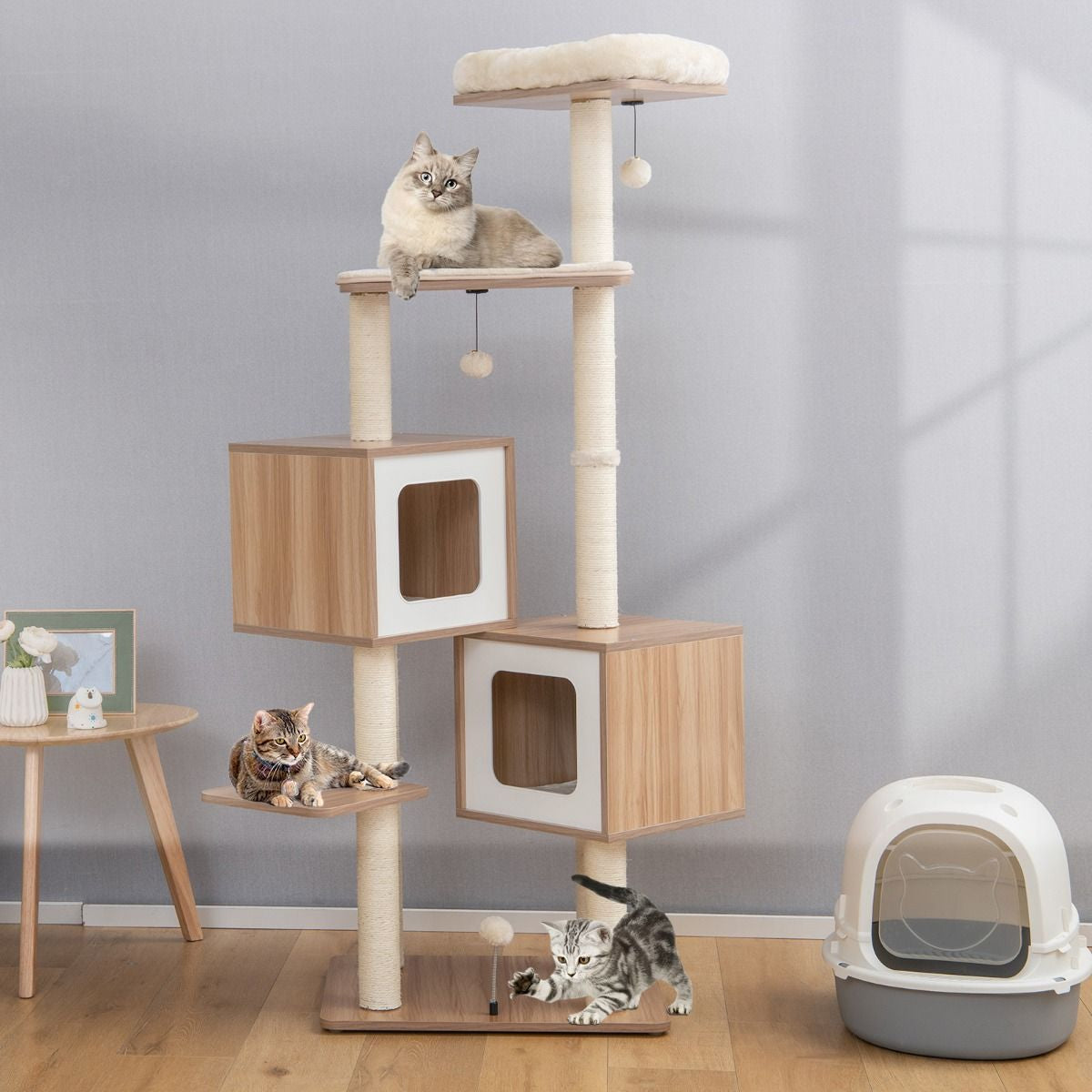 Árbol para Gatos de 2 Condominios con Cojines Lavables - Centro de Actividad Multicapa Natural 58 x 65.5 x 163 cm