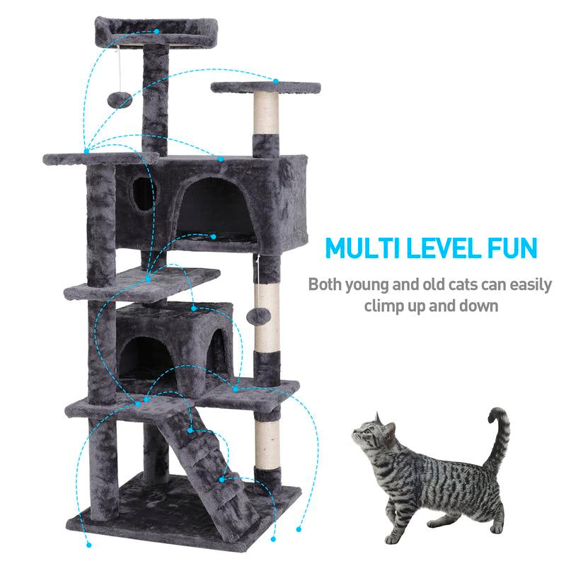 Árbol Rascador para Gatos de 140 cm con Casas, Plataformas Acolchadas, Juguetes Colgantes y Postes de Sisal