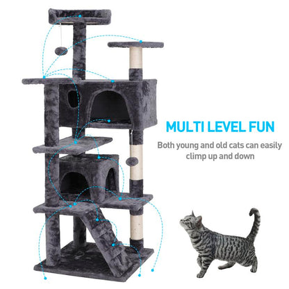 Árbol Rascador para Gatos de 140 cm con Casas, Plataformas Acolchadas, Juguetes Colgantes y Postes de Sisal