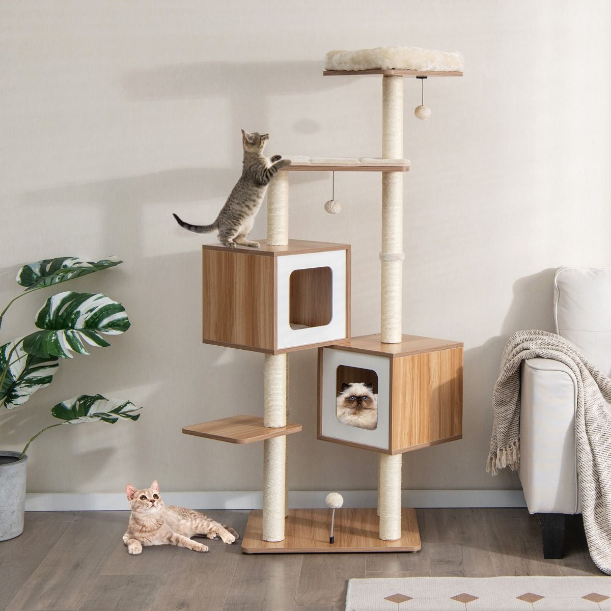 Árbol para Gatos de 2 Condominios con Cojines Lavables - Centro de Actividad Multicapa Natural 58 x 65.5 x 163 cm