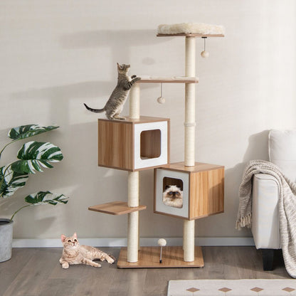 Árbol para Gatos de 2 Condominios con Cojines Lavables - Centro de Actividad Multicapa Natural 58 x 65.5 x 163 cm