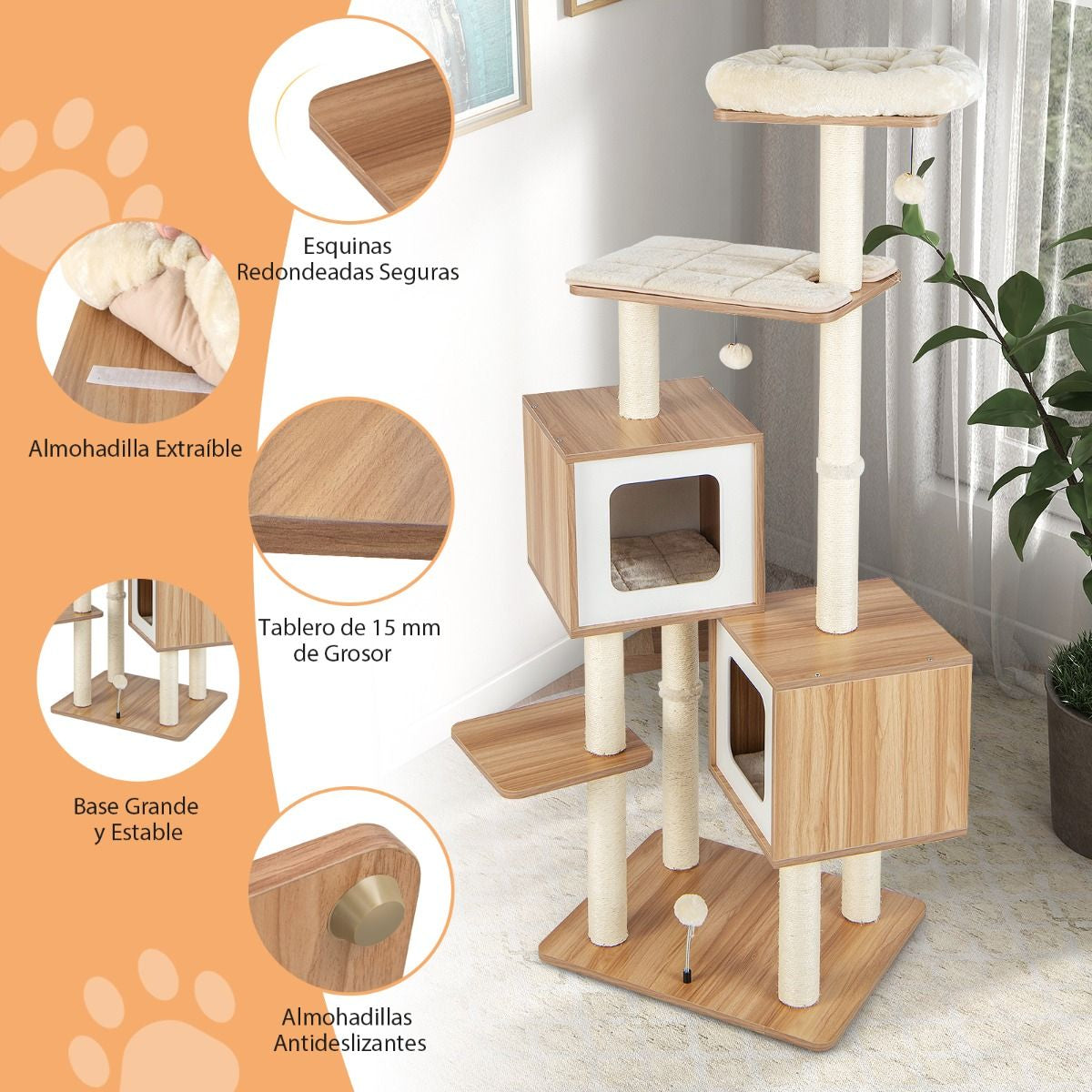 Árbol para Gatos de 2 Condominios con Cojines Lavables - Centro de Actividad Multicapa Natural 58 x 65.5 x 163 cm